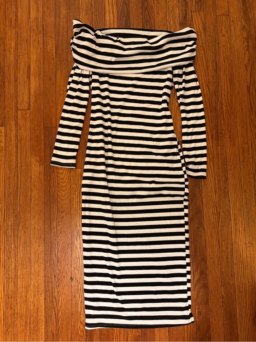 Off-Shoulder Black & White Striped Midi Dress